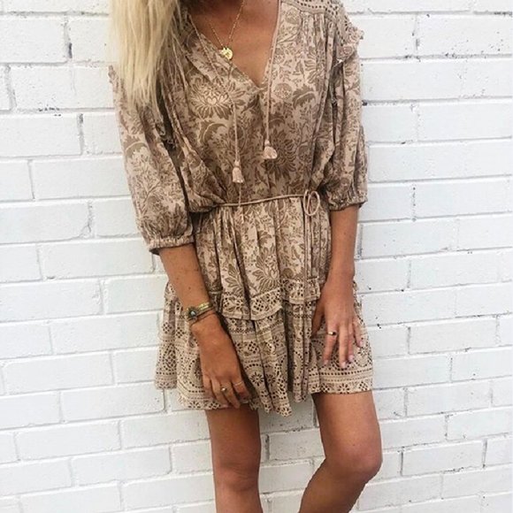 New Boho Print Tunic Cotton Summer Dress Tan - Picture 14 of 15